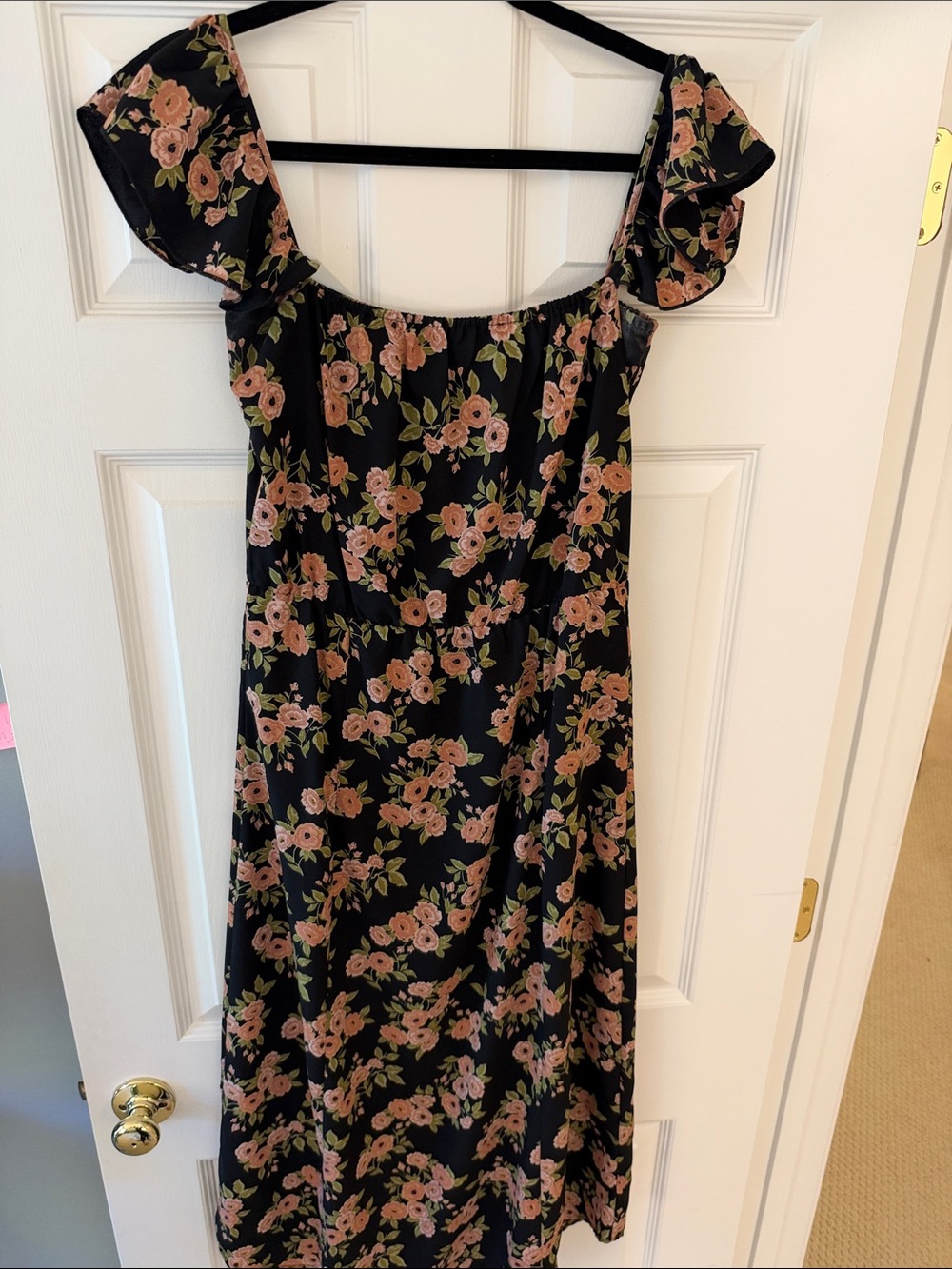 Muse Black Floral Off-Shoulder Midi Dress with Pink Flowers